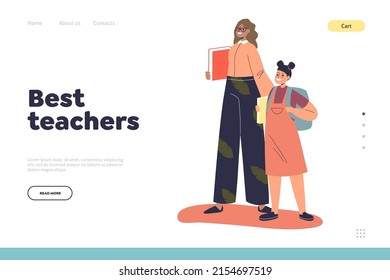 Best teachers concept of landing page with happy smiling schoolgirl holding pedagogue hand. Joyful teacher with teenage pupil holding backpack. School education. Cartoon flat vector illustration