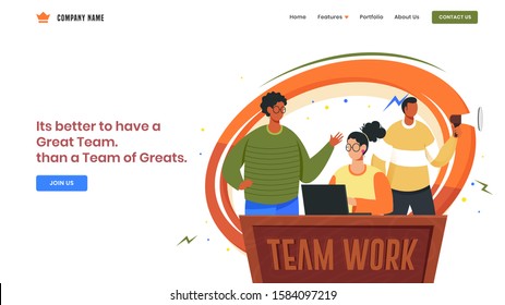 Best Team concept based landing page design with business man discussing to woman working in laptop for Advertising.