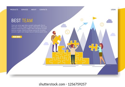 Best team landing page website template. Vector illustration of business team building jigsaw puzzle. Teamwork partnership and cooperation concept.