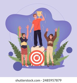 Best team leader holding winner cup. Successful group standing on podium, celebrating victory, dancing. Vector illustration for leadership, win, champion concept