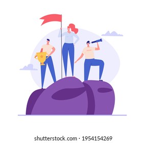 Best team of people illustration. Characters with reward cup, flag and telescope. Successful teamwork, career success, teambuilding. Vector illustration in flat design for web banners.