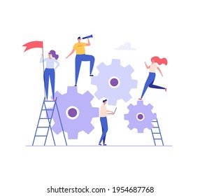 Best team of people illustration. Characters with reward cup, flag and telescope. Successful teamwork, career success, teambuilding. Vector illustration in flat design for web banners.