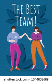 The best team poster vector template. Teamwork reward greeting card concept design with flat cartoon characters. Two office workers on blue background with leaves and inscription