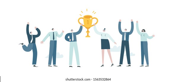 Best team received prize. Company wins together. Group of happy people proud. Office workers feeling delight. Leaders lead corporation to victory. Concept vector illustration EPS 10 isolated on white