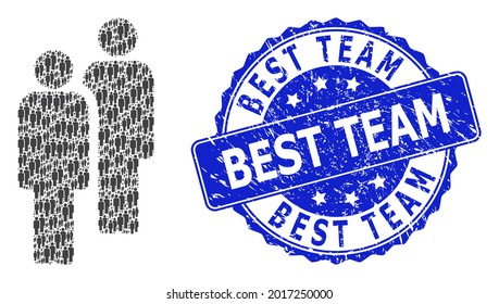 Best Team textured round stamp and vector recursion collage men. Blue stamp contains Best Team text inside round shape. Vector collage is made of randomized men pictograms.