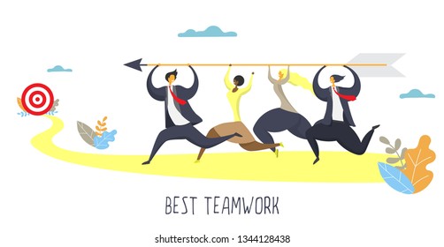 Best teamwork poster banner design template. Vector flat style design illustration. Business team cartoon characters running together with arrow in their raised hands aiming at target.
