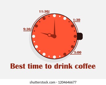 Best time to drink coffee. Cup of coffee with a clock, top view. Flat design concept. Vector illustration
