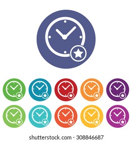 Best time icons set, on colored circles, isolated on white
