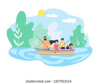 Best Time in Nature on Beautiful Lake Family. Boat Floating Down River Fishing Good Weather Dad Holds Fishing Pole. Healthy Lifestyle in Open Air Children Enjoy Weekend Small Trip in Holiday.