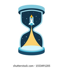 The best time for a startup. Metaphor of space exploration. Shuttle rocket takes off in a large hourglass. Curtains from the starry sky instead of fire from the nozzle. Vector flat illustration.