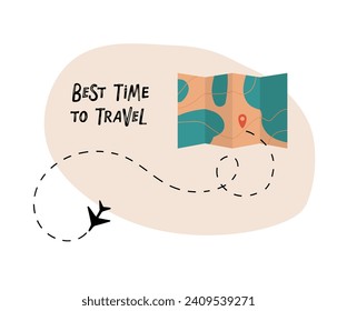 Best Time To Travel lettering with map icon. Aeroplane route. Flying plane isolated. Business trip, journey and travel. Holiday travel. Motivational header. Flat vector illustration.