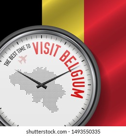 The Best Time to Visit Belgium. Travel to Belgium. Tourist Air Flight. Waving Flag Background and Dots Pattern Map on the Dial. Vector Illustration.