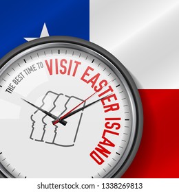 The Best Time for Visit Easter Island. White Vector Clock with Motivational Slogan. Analog Metal Watch with Glass. Vector Illustration on Chilean Flag Background. Moai Icon.