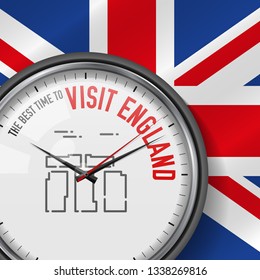 The Best Time for Visit England. White Vector Clock with Motivational Slogan. Analog Metal Watch with Glass. Vector Illustration on British Flag Background. Stonehenge Icon.