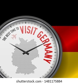 The Best Time to Visit Germany. Travel to Germany. Tourist Air Flight. Waving Flag Background and Dots Pattern Map on the Dial. Vector Illustration.
