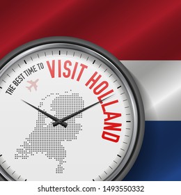 The Best Time to Visit Holland. Travel to Netherlands. Tourist Air Flight. Waving Flag Background and Dots Pattern Map on the Dial. Vector Illustration.