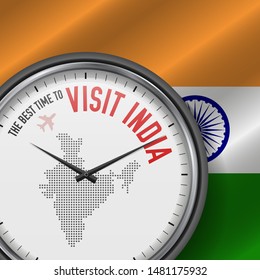 The Best Time to Visit India. Travel to India. Tourist Air Flight. Waving Flag Background and Dots Pattern Map on the Dial. Vector Illustration.