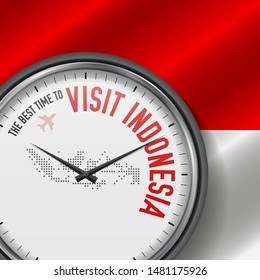The Best Time to Visit Indonesia. Travel to Indonesia. Tourist Air Flight. Waving Flag Background and Dots Pattern Map on the Dial. Vector Illustration.