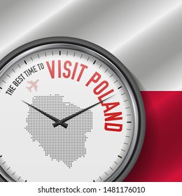 The Best Time to Visit Poland. Travel to Poland. Tourist Air Flight. Waving Flag Background and Dots Pattern Map on the Dial. Vector Illustration.
