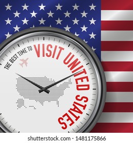 The Best Time to Visit United States. Travel to United States. Tourist Air Flight. Waving Flag Background and Dots Pattern Map on the Dial. Vector Illustration.