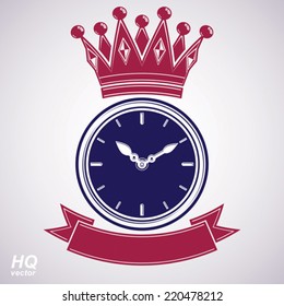 Best timing award vector eps8 icon, luxury wall clock with an hour hand on dial. High quality timer illustration with curvy decorative ribbon and royal crown.