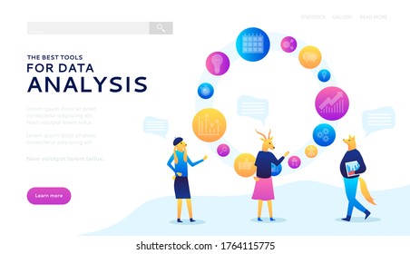 Best tools for data analysis web banner. Vector design image. Background with characters who are engaged in data analysis. Modern illustration slider site page. The concept of Analytics and animals.