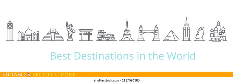 Best tourist destinations in the world  Editable vector stroke set icons  USA Russia Europe China England India Egypt 