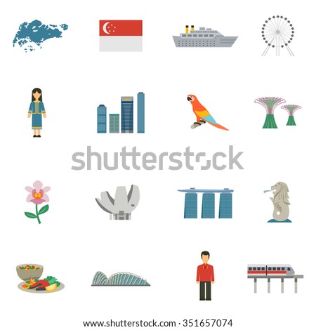 Best tourists attractions in singapore and national cultural symbols flat icons set abstract vector isolated illustration