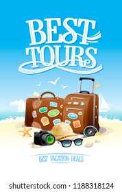 Best tours poster design with two big suitcases, sunglasses, hat and camera, summer beach backdrop