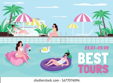 Best tours poster flat vector template. Book tickets for summer vacation. Weekend at tropical resort. Brochure, booklet one page concept design with cartoon characters. Luxury hotel flyer, leaflet