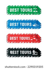 Best tours stickers set in grunge design style vector. Vector illustration