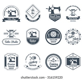 Best town tailor and house decorator black labels collection with old sewing machine abstract isolated vector illustration