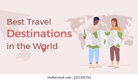 Best travel destinations in world flat vector banner template. Couple activity. Planning vacation poster, leaflet printable color designs. Editable flyer page with text space. Alexandria font used