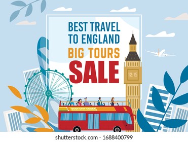 Best Travel to England Big Tour Sale Advertisement in Frame. City Skyscraper, Amusement Park Ferris Wheel Attraction and People Tourist Riding Double-Deck Bus. Text Border Design. Vector Illustration