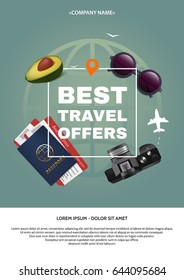 Best travel offer a4 concept. Text and square frame on the background of the attributes of tourism. Applicable for banner, poster, flyer. Vector illustration. Eps 10