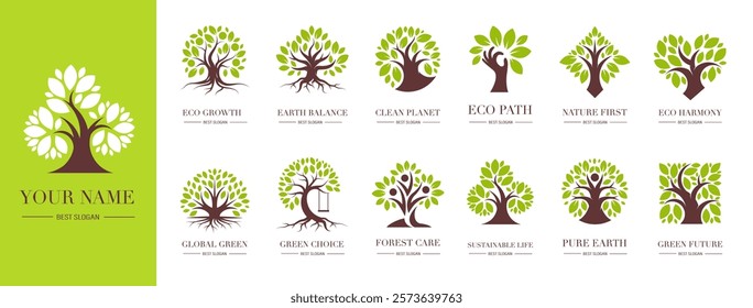 Best Tree Logo Set. Perfect for Eco Company, Business, Branding, Stylish Emblems in Geometric Shapes