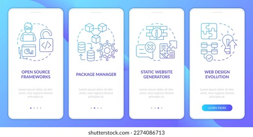 Best trends in digital industry blue gradient onboarding mobile app screen. Walkthrough 4 steps graphic instructions with linear concepts. UI, UX, GUI template. Myriad Pro-Bold, Regular fonts used