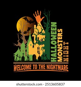 Melhor Trendy assustador e assustador abóbora Halloween Nightmare Vetor Tshirt Design Ilustração