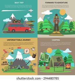 Best trips and camping for unforgettable journey 4 flat square icons composition banner abstract isolated vector illustration