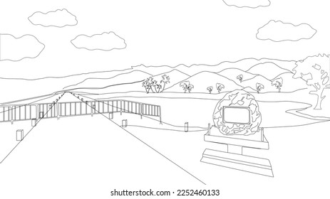 The best tropical landscape outline sketch drawing, with lake or water dam, stone inscription, fence, road, mountains, trees, and clouds. Vector illustration in trendy style. For kids coloring book.