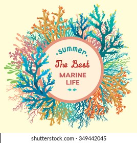 The best tropical marine life. Underwater colorful coral reef on a yellow background. Natural vector illustration.