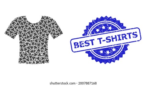 Best T-Shirts scratched stamp seal and vector recursive mosaic dirty t-shirt. Blue seal has Best T-Shirts tag inside rosette. Vector mosaic is formed with recursive rotated dirty t-shirt icons.