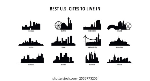 Las mejores ciudades de Estados Unidos para vivir - logo, colección de iconos con horizontes de Honolulu, Seattle, Washington, Chicago, Boston, Miami, San Francisco, Arlington, Nashville, Denver, Nueva York, Buffalo