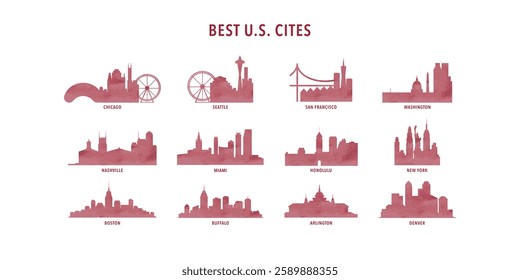 Best USA cities to live - logo, icon collection with skylines of Honolulu, Seattle, Washington, Chicago, Boston, Miami, San Francisco, Nashville, Denver, New York, Buffalo. Red watercolor style