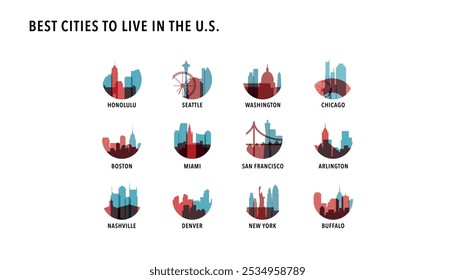 Melhores cidades para viver nos EUA - logos, ícones para infográficos, índice, apresentação, rankings - Honolulu, Seattle, Washington, Chicago, Boston, Miami, San Francisco, Arlington, Nashville, Denver, Nova York