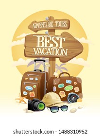 Best vacation. adventure tours. vector touristic design concept with travel tools