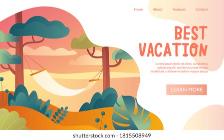 Best Vacation web page travel template with a wooded area and a hammock hanging between the trees, colored vector illustration