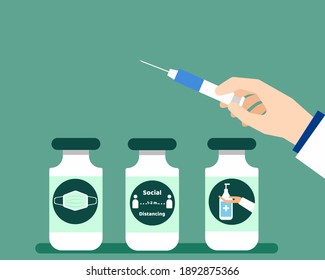 Best Vaccine concept: covid 19 prevention icon, three signs, wear face mask, clean your hands, keep distancing in vaccine dose. Cartoon vector style for your design.