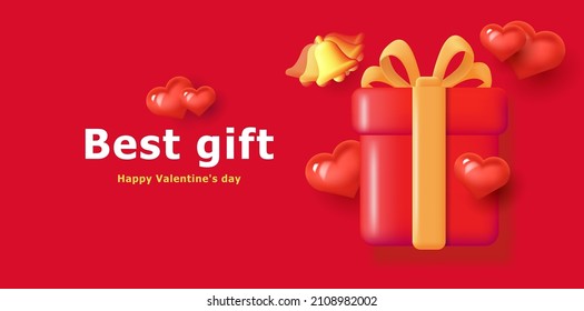 Best Valentine gift banner with 3d gift box illustration with volume hearts and ringing bell