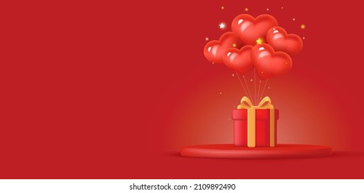 Best Valentine gift banner with 3d gift box illustration with volume hearts and ringing bell
